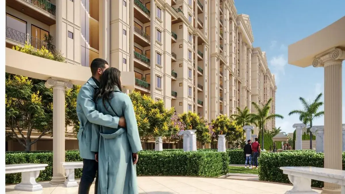 Entrance plaza and residential towers at Ajmer Road Luxury Residences, Jaipur
