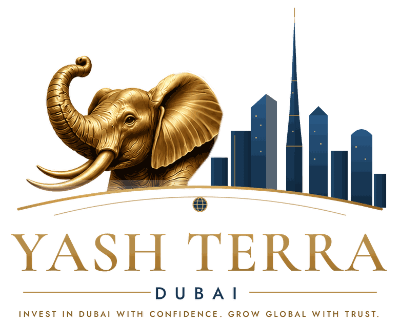 Yash Terra Dubai logo: gold elephant, Dubai skyline and globe line. Invest in Dubai with confidence. Grow global with trust.