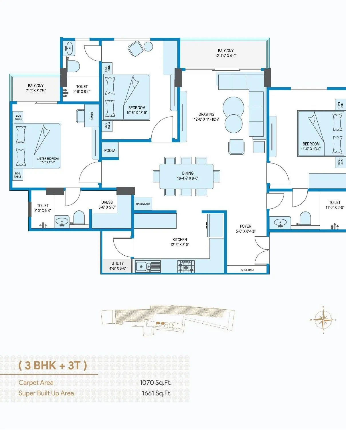 Typical 3 BHK floor plan