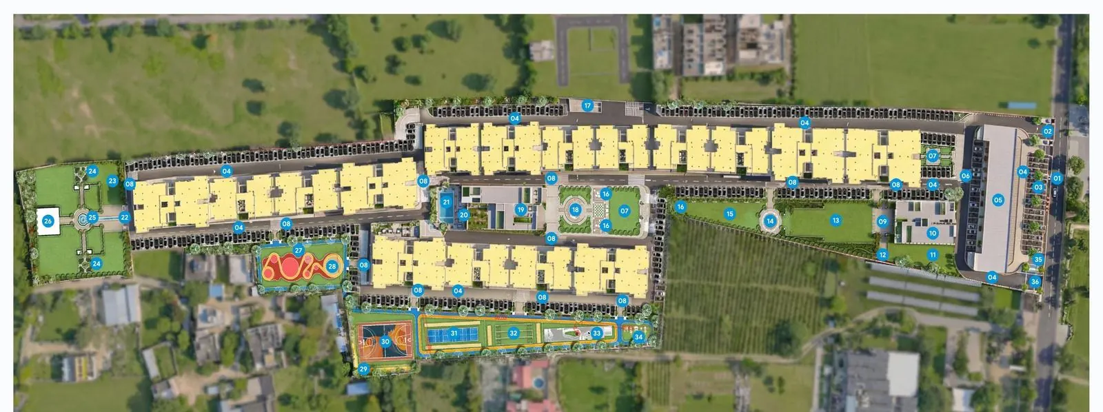 Master plan showing residential towers, clubhouse and sports zone