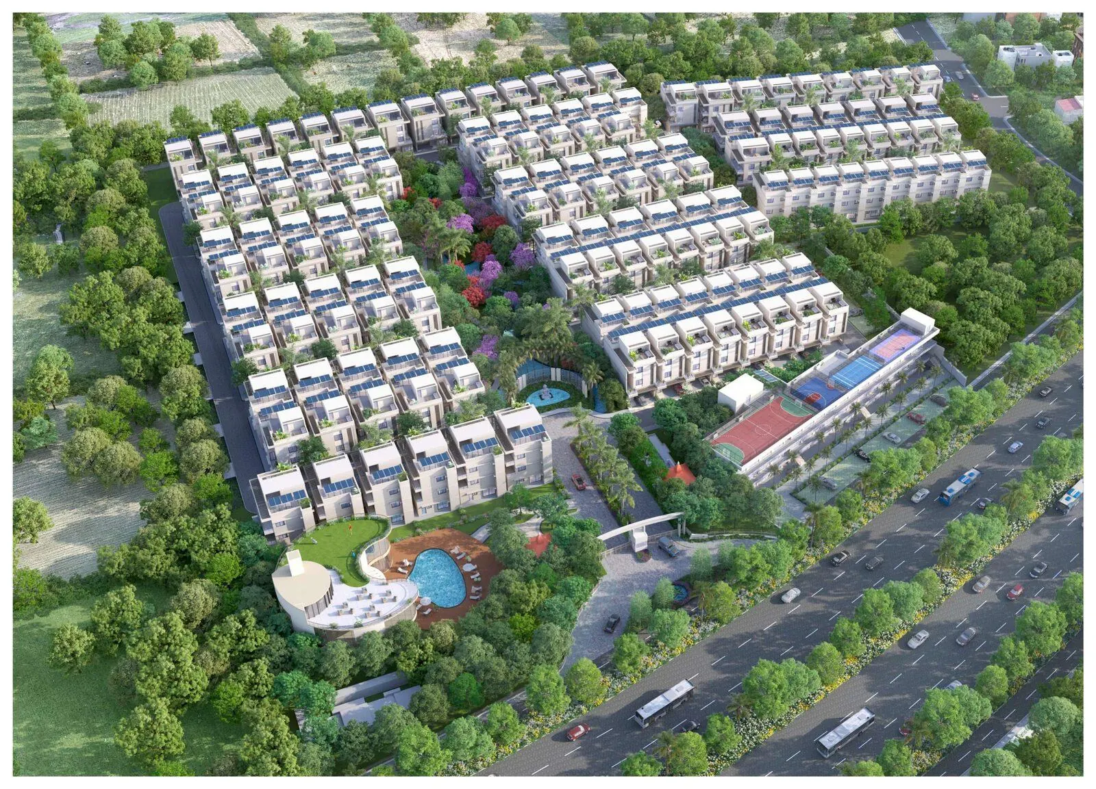 Aerial render of a 96-villa gated township with clubhouse and pool, SEZ Road Jaipur