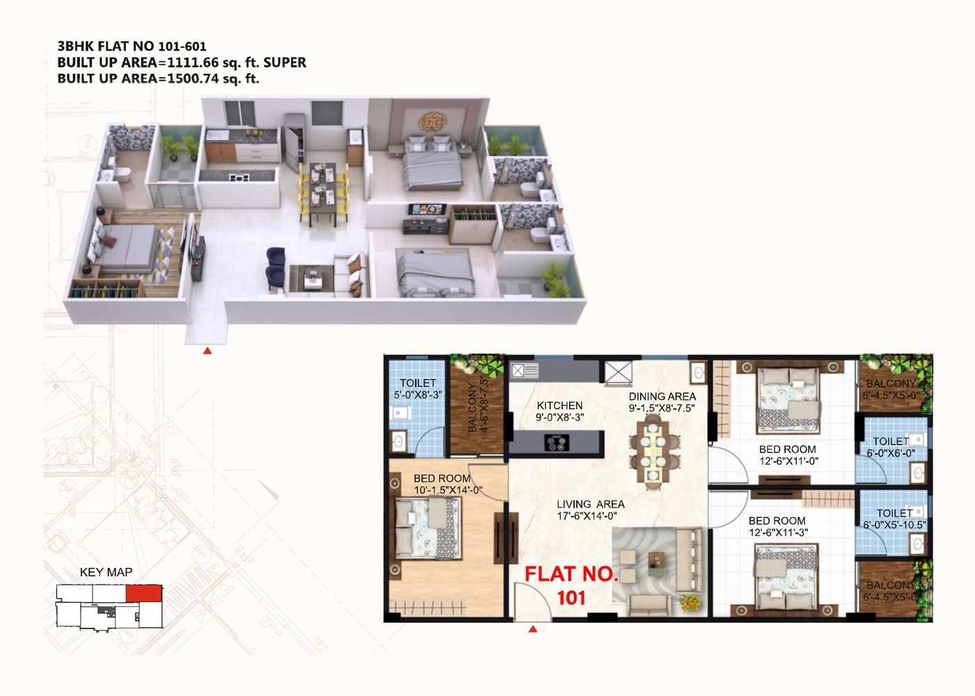 Sample 3BHK flat layout and 3D view, Luxurious 3-4 BHK Apartments in Vaishali Nagar