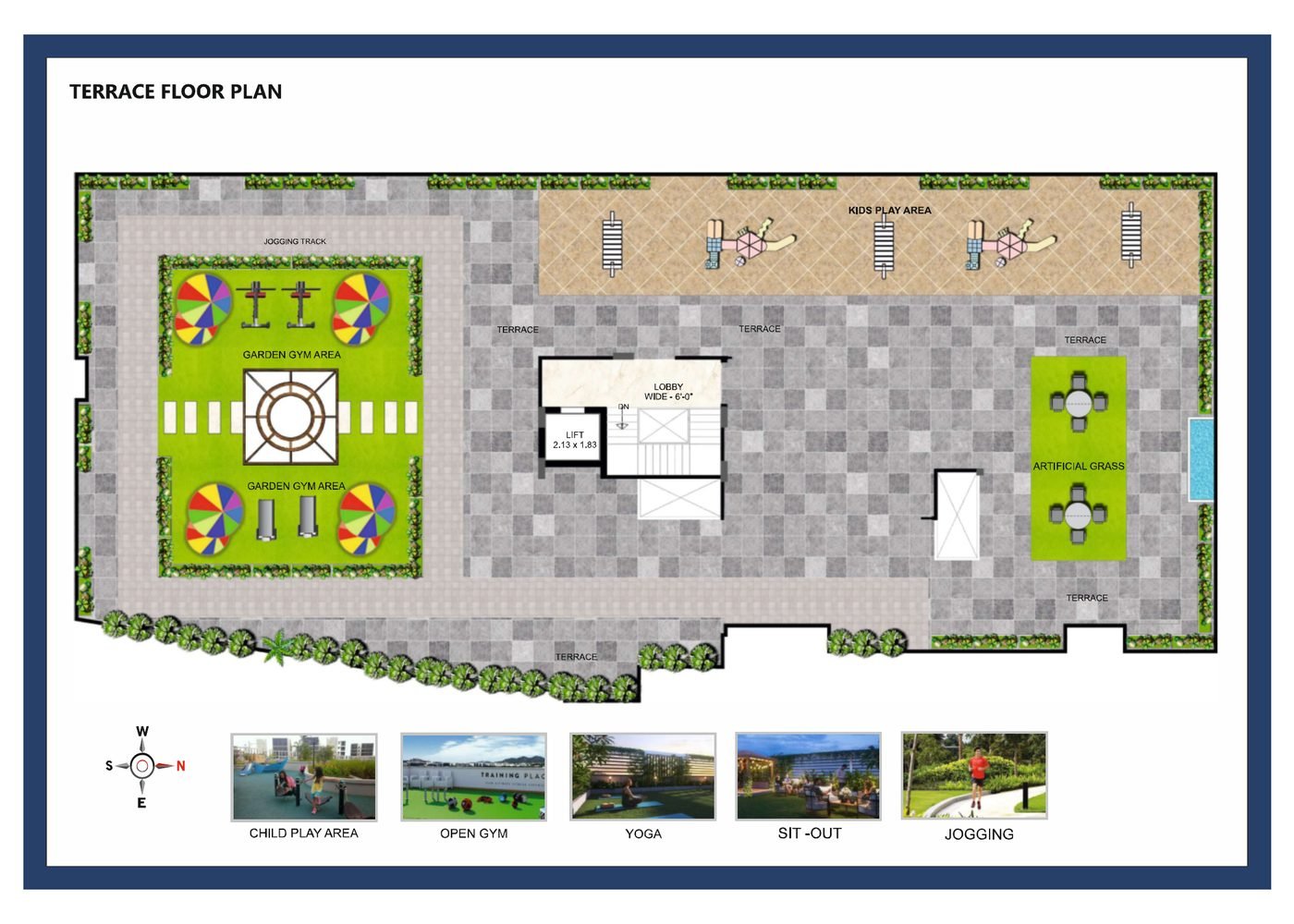 Terrace floor plan with jogging track, garden gym and kids play area, Luxurious 3-4 BHK Apartments in Vaishali Nagar