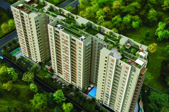Aerial rendering of the three towers at Mahima Valenza