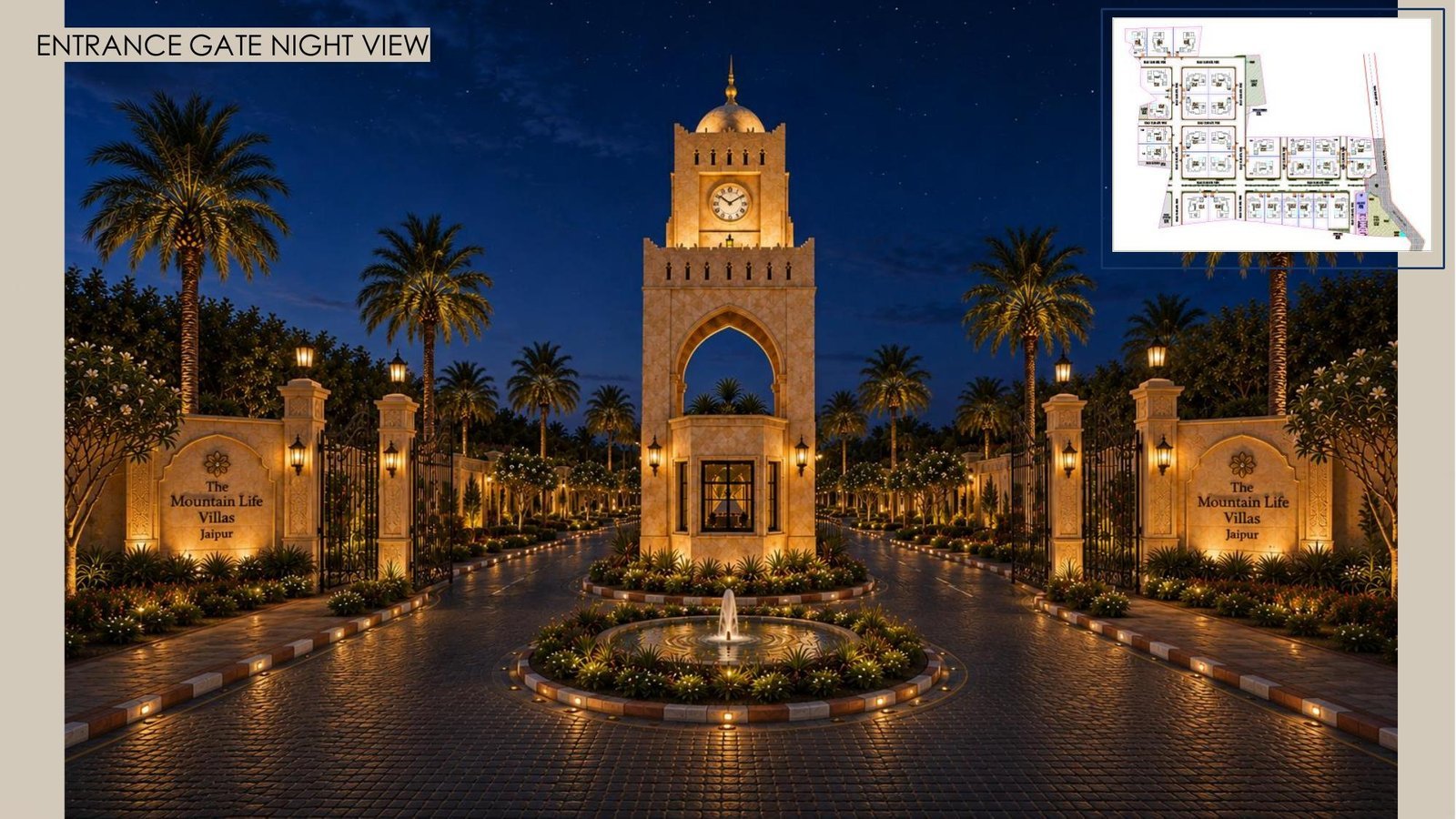 Illuminated entrance gate at night, Exclusive Farmhouse Plots in Jaipur