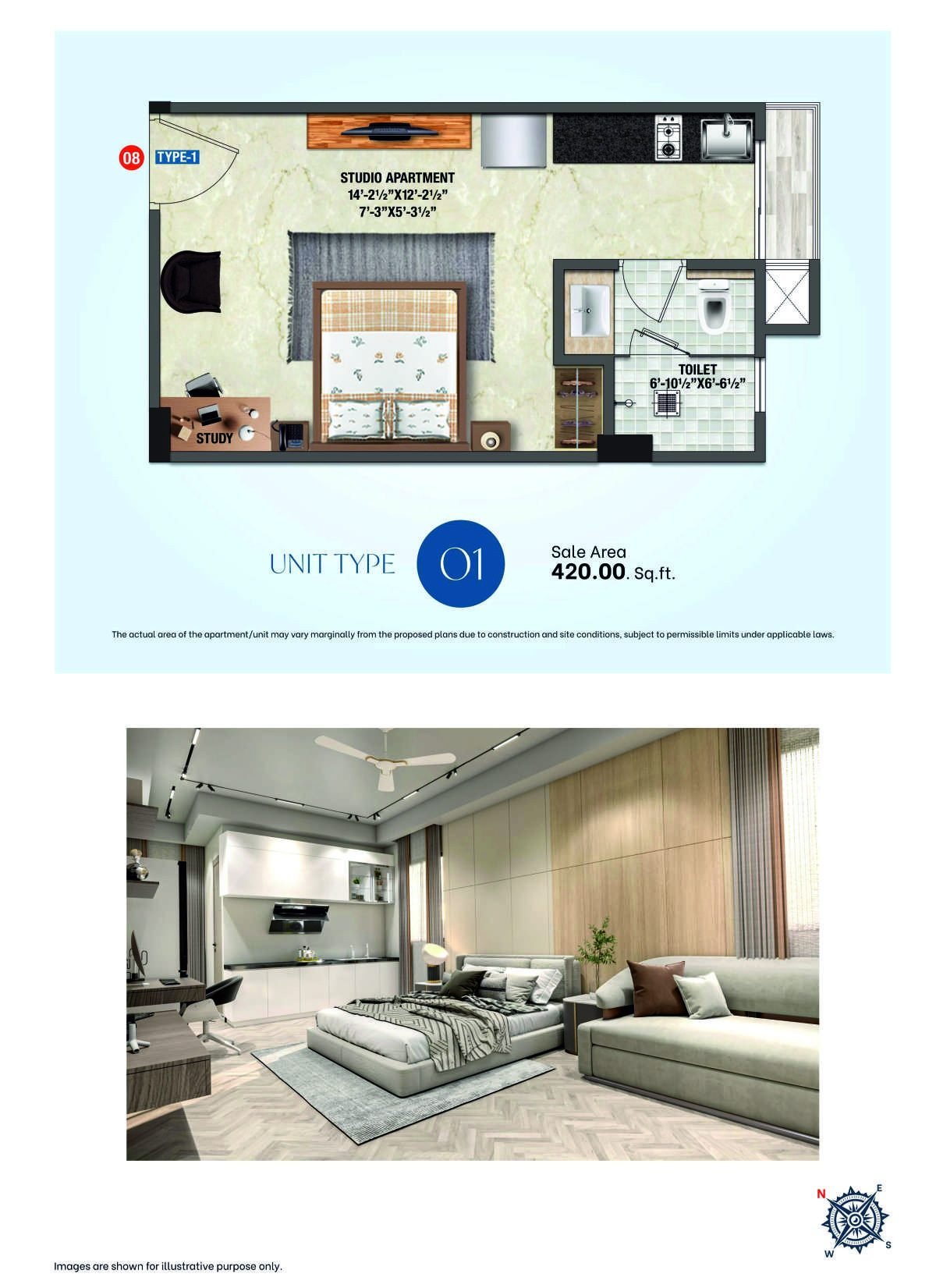 Type-1 studio apartment floor plan, Premium Studio Suites, 420 sq ft