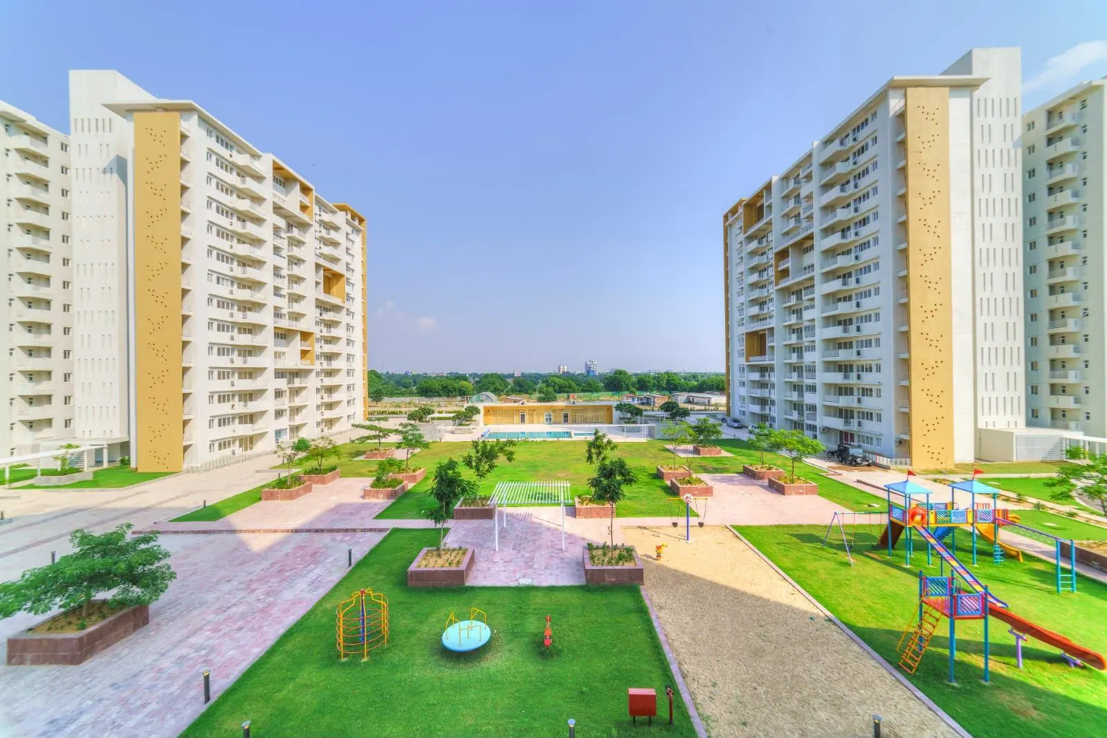 Jaipur 21 / The Park Apartments condominium towers, pool and landscaped grounds, Vatika Infotech City Ajmer Road Jaipur